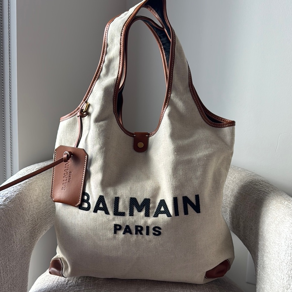 Balmain Beige and Brown Canvas Tote Bag